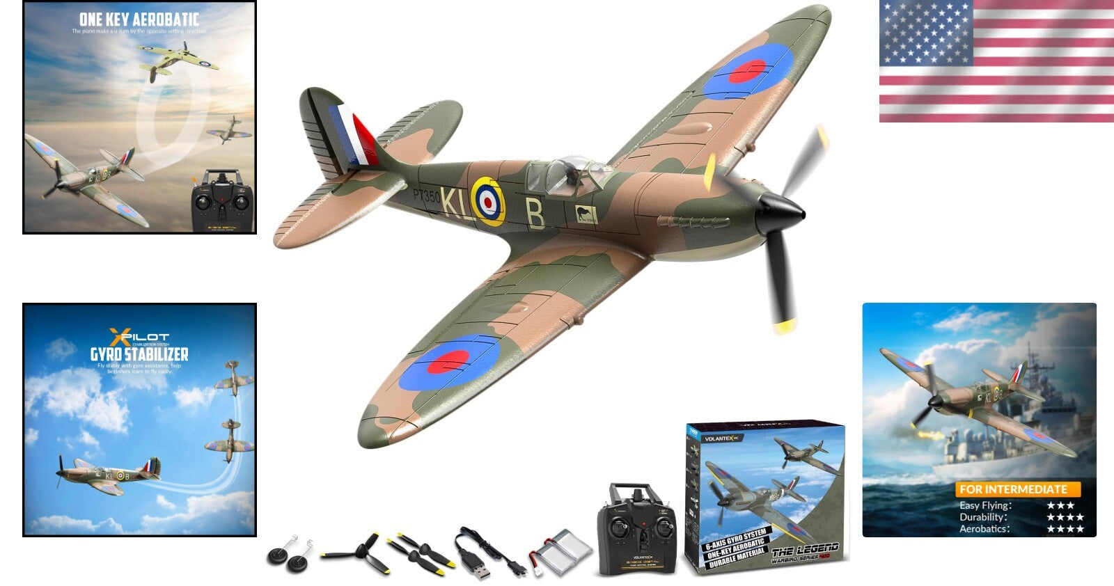 RC Plane Spitfire Fighter 4CH RTF - Easy Aerobatics with Gyro Stabilizer