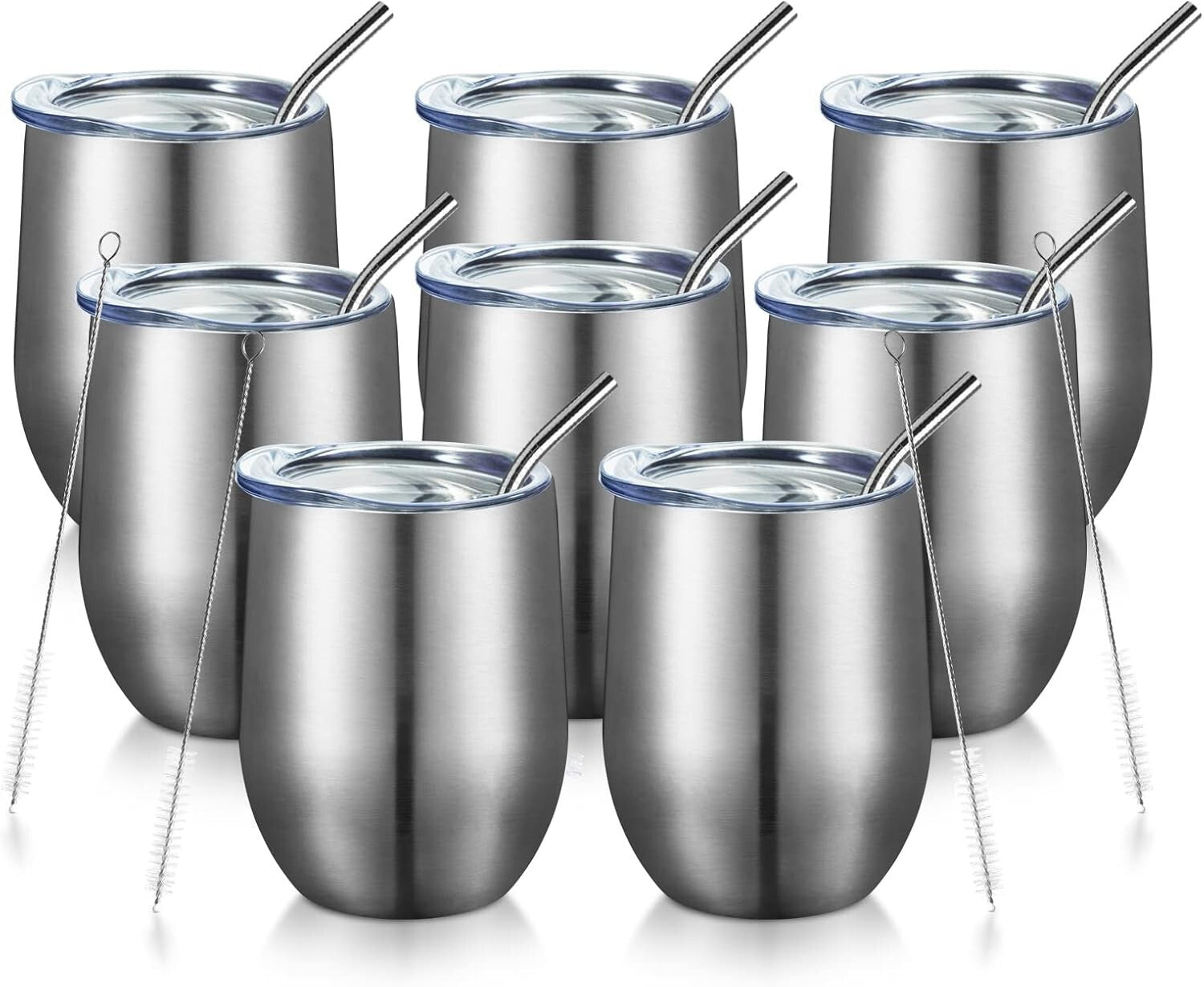 Durable 12oz Silver Stemless Wine Tumblers - Double Wall Insulation, 8 Count