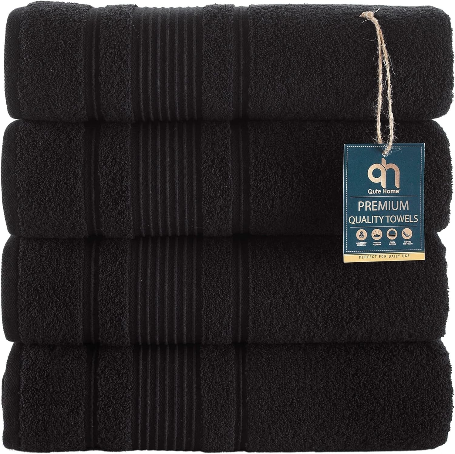 Durable Black Turkish Cotton Bath Towels Set - 4 Plush and Quick-Dry Towels