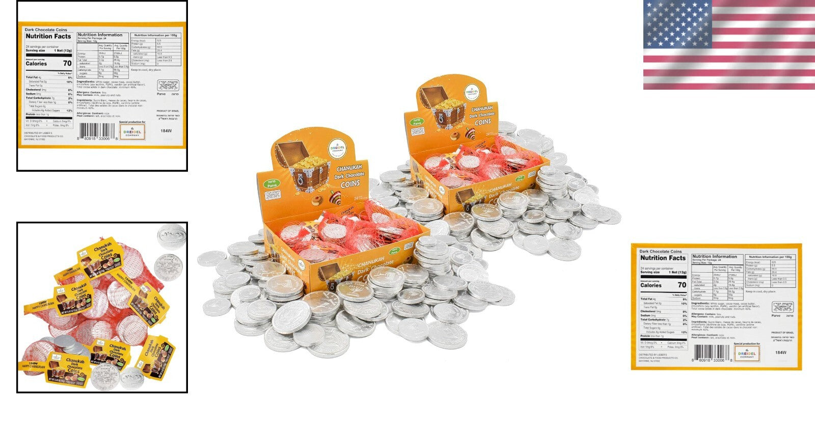 48 Kosher Parve Chocolate Coins - Dairy-Free Dark Gelt for Hanukkah Celebrations