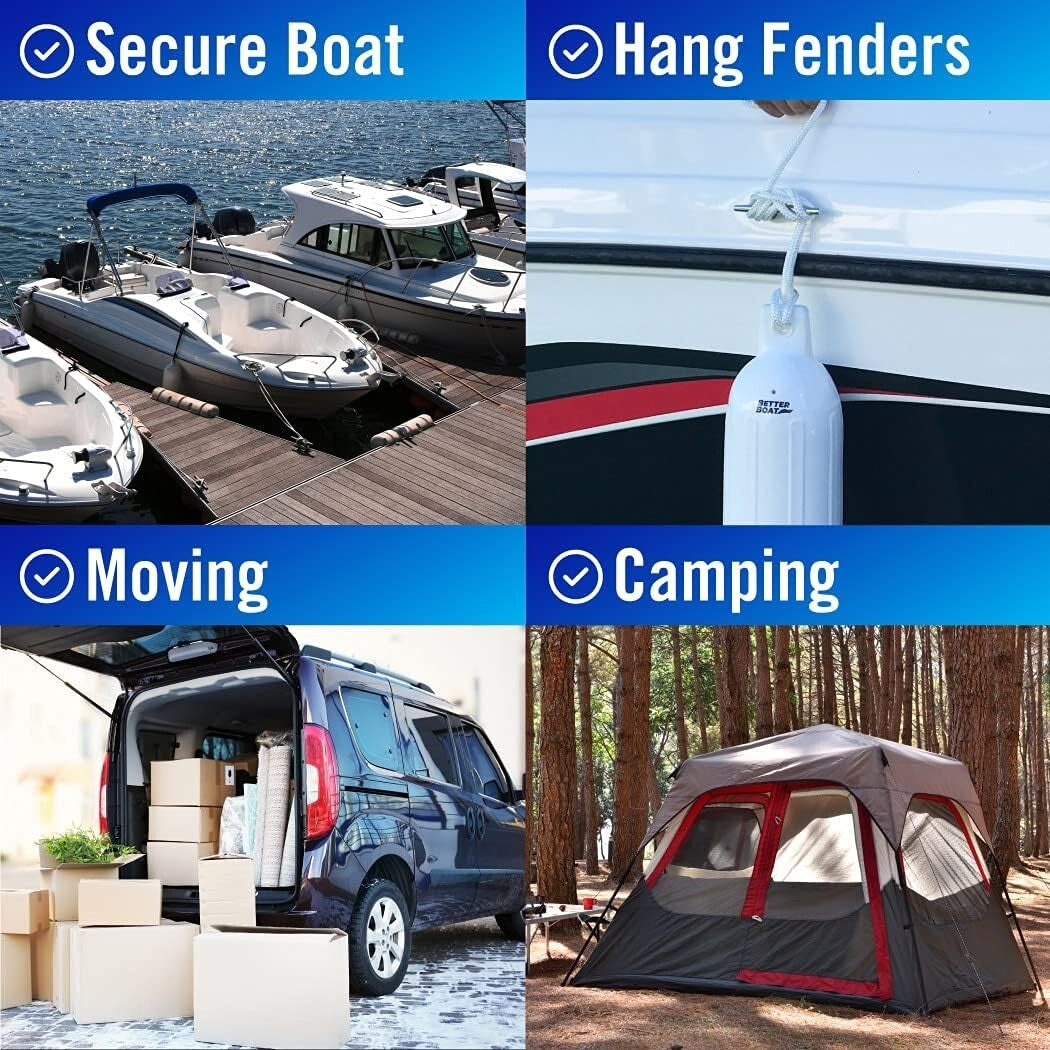 4 Pack 3/8" Double Braided Nylon Boat Dock Lines - 15ft Weather Resistant