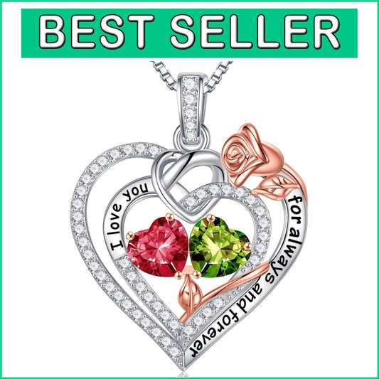 Engraved Heart Pendant Necklace with Dual Birthstones – Unique Gift for Women