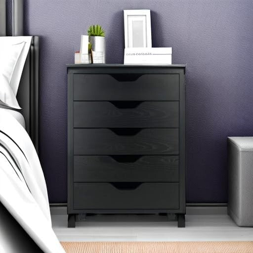 Versatile 5-Drawer Black Storage Cabinet with Locking Casters for Easy Mobility