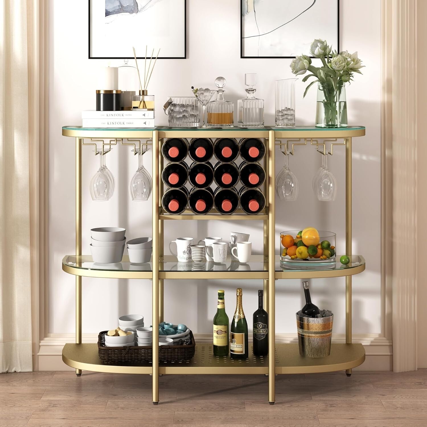 Compact Modern Gold Bar Table with 12-Bottle Wine Rack and Glass Holders