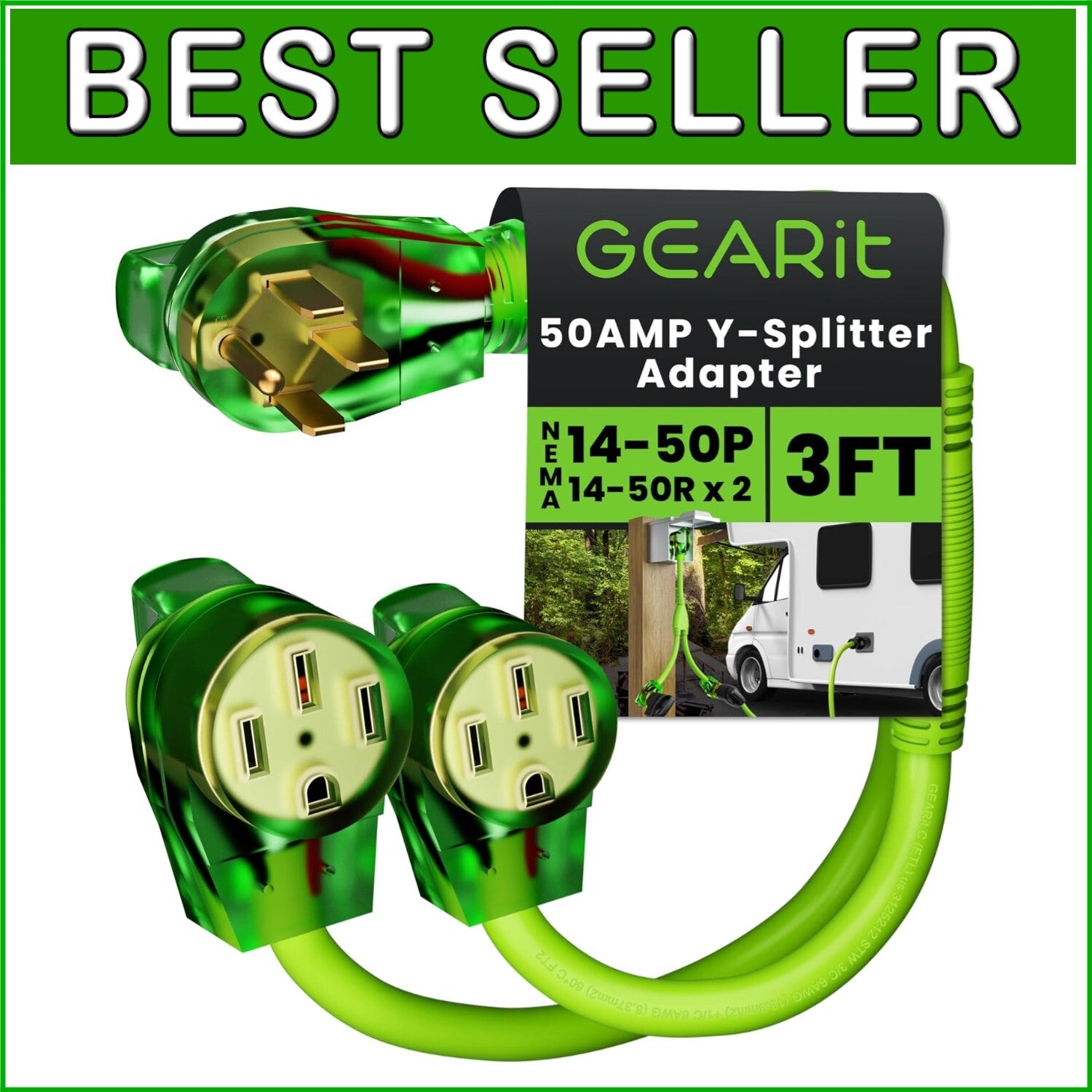 Bright Green 50A Y Splitter Adapter for RV & EV - NEMA 14-50P to 2 NEMA 14-50R