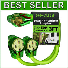 Load image into Gallery viewer, Bright Green 50A Y Splitter Adapter for RV &amp; EV - NEMA 14-50P to 2 NEMA 14-50R