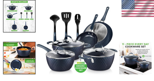 Durable 11-Piece Nonstick Cookware Set with Tempered Glass Lids and Utensils