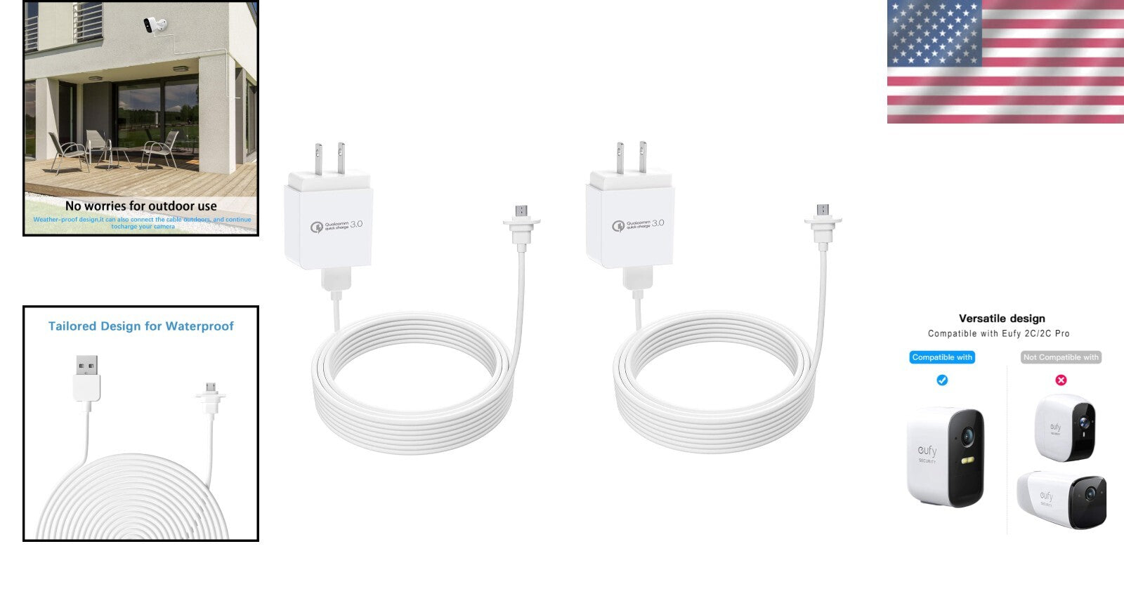 EufyCam 2C/Pro Charging Cable - Outdoor Extra Long 30ft Power Cord with Adapter