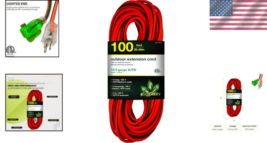 Moisture Resistant 100ft Extension Cord with Lighted End – Perfect for Outdoors