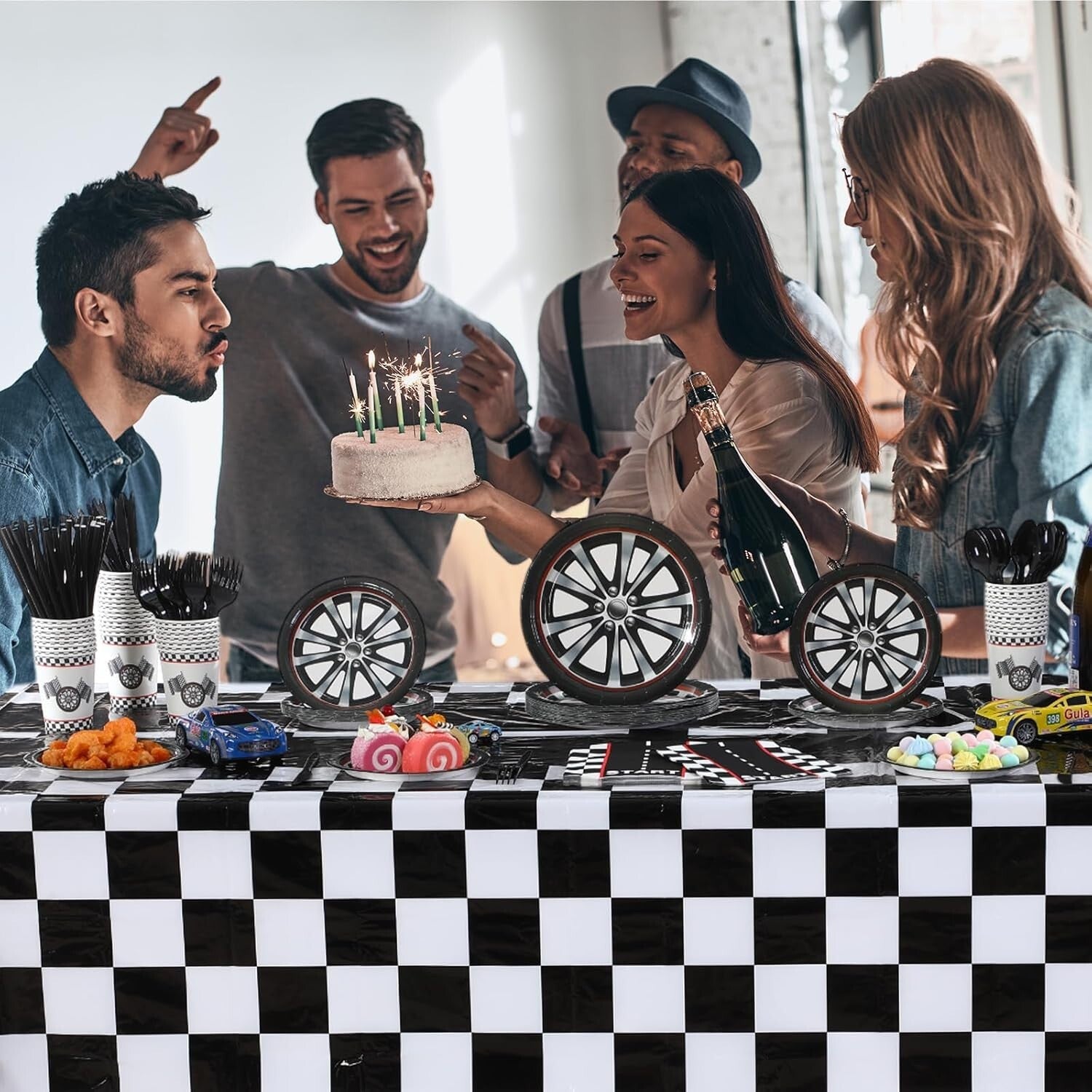 Stylish Race Car Birthday Decorations - Disposable Plates, Cups, and Cutlery Set