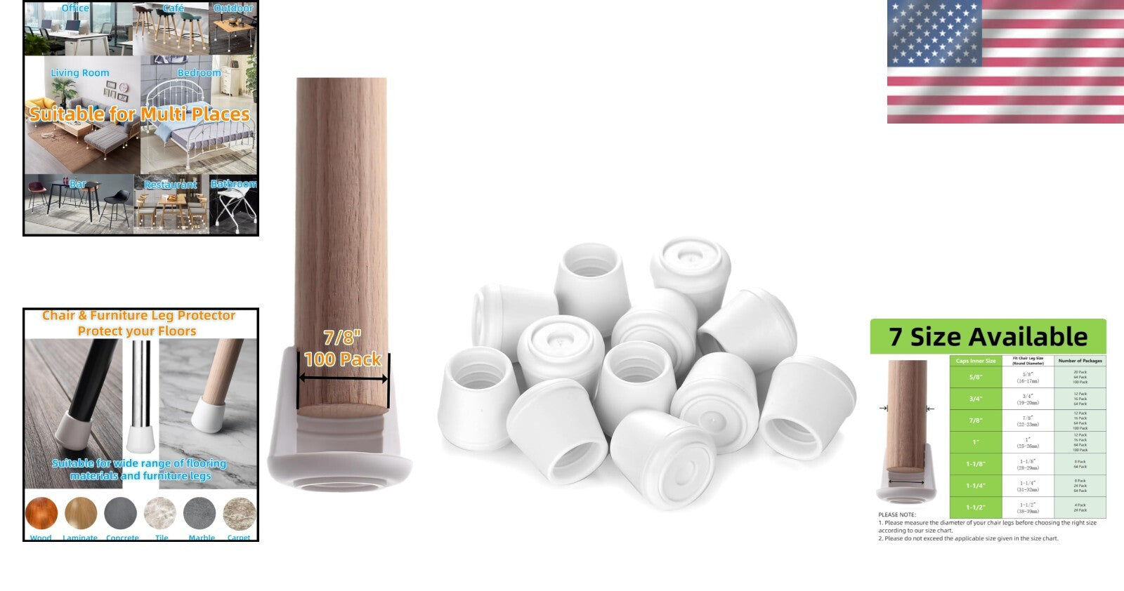 7/8" Inner Diameter Chair Leg Caps - 100 Pack Non-Slip Rubber Round Protectors