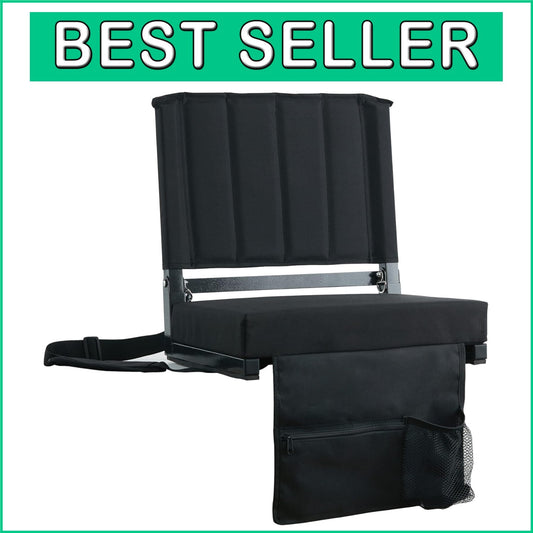 Solid Black Outdoor Bleacher Chair with Cushion and Shoulder Strap - 350 lbs