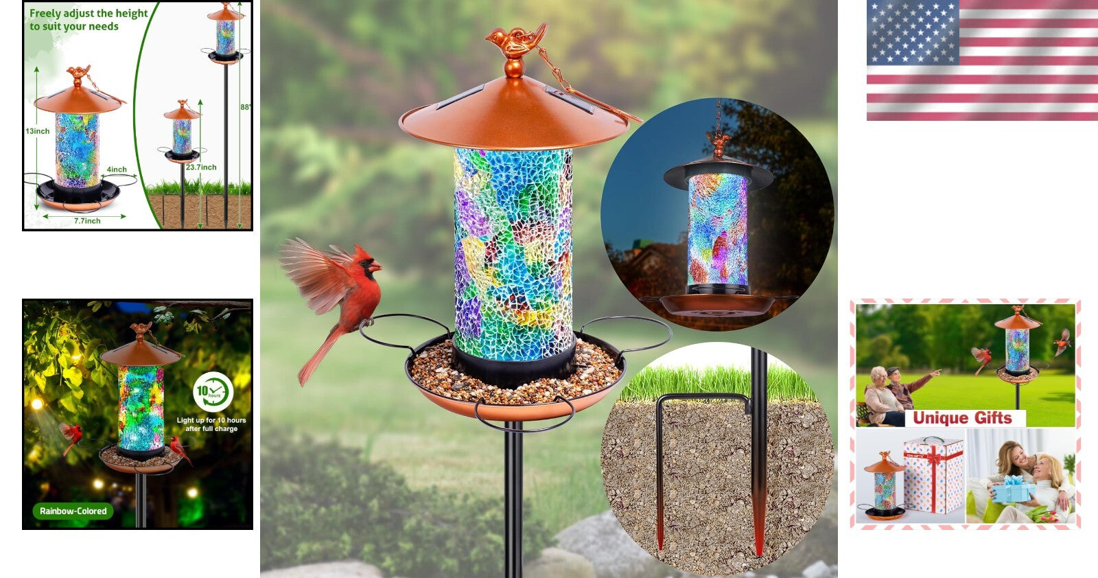 Durable Mosaic Bird Feeder with Solar Function & Height Adjustable Pole Stand