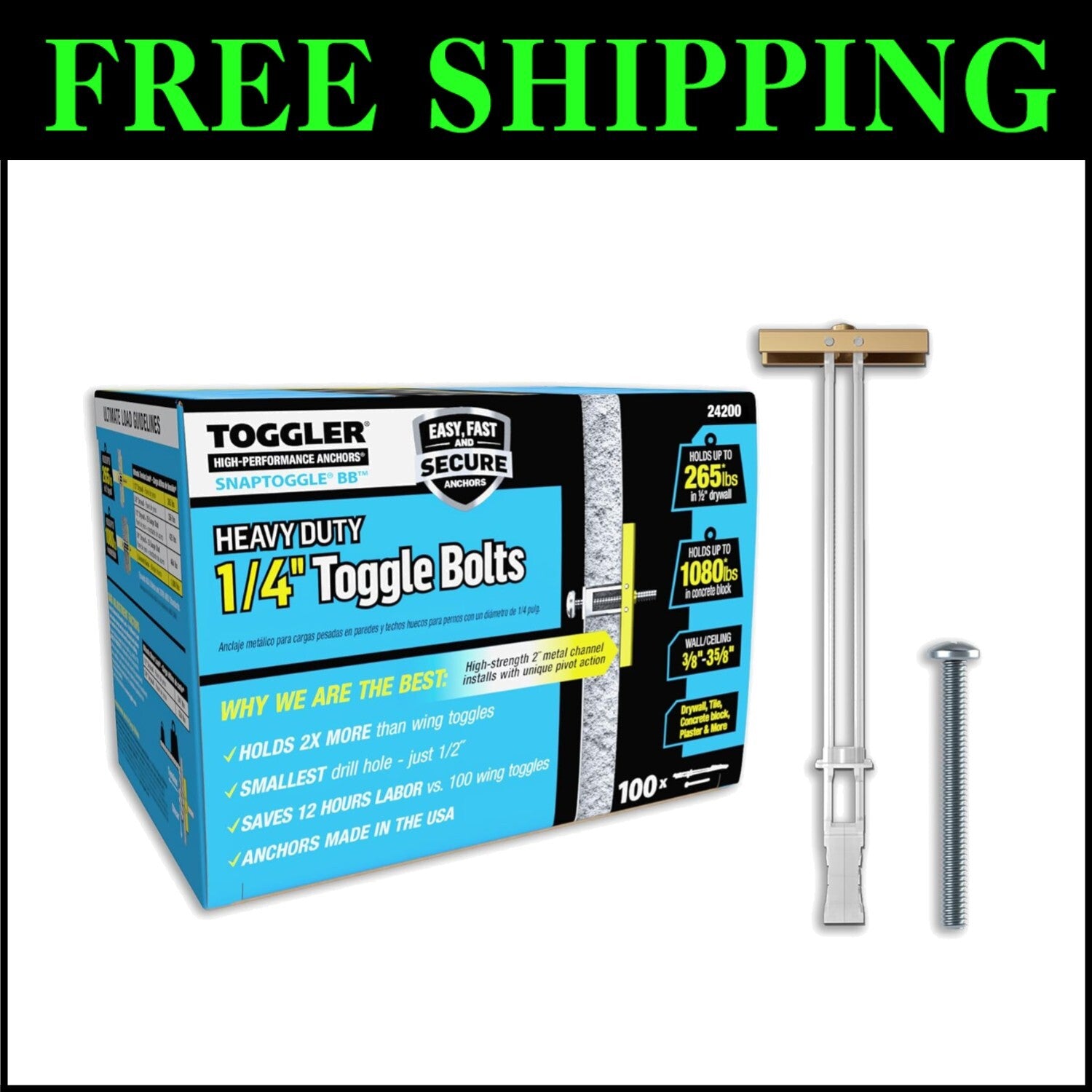 SNAPTOGGLE 100-Pack Drywall Anchors - 1/4-in Toggle Bolts Hold 265 lbs Each