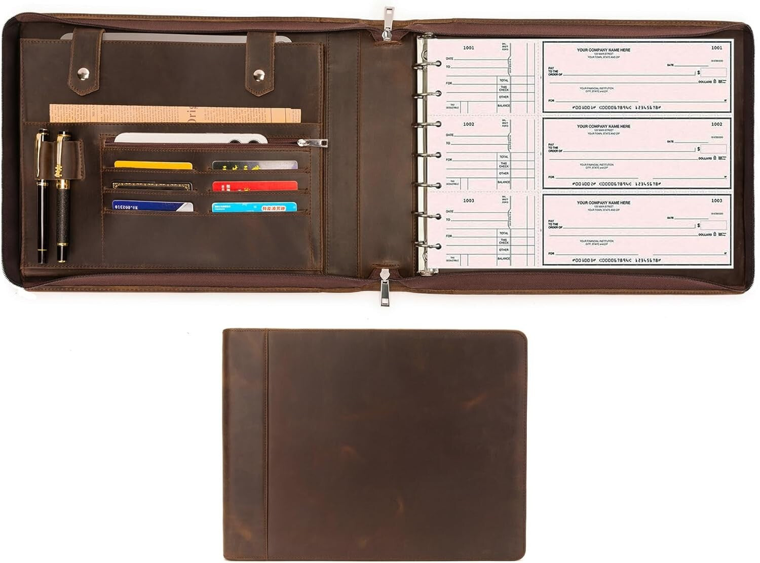 Stylish Zippered Checkbook Binder for Business Checks - Leather 7 Ring System