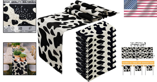 8 Pcs Cow Print Table Runners - Rustic Black and White Linen Tablecloths 13x108