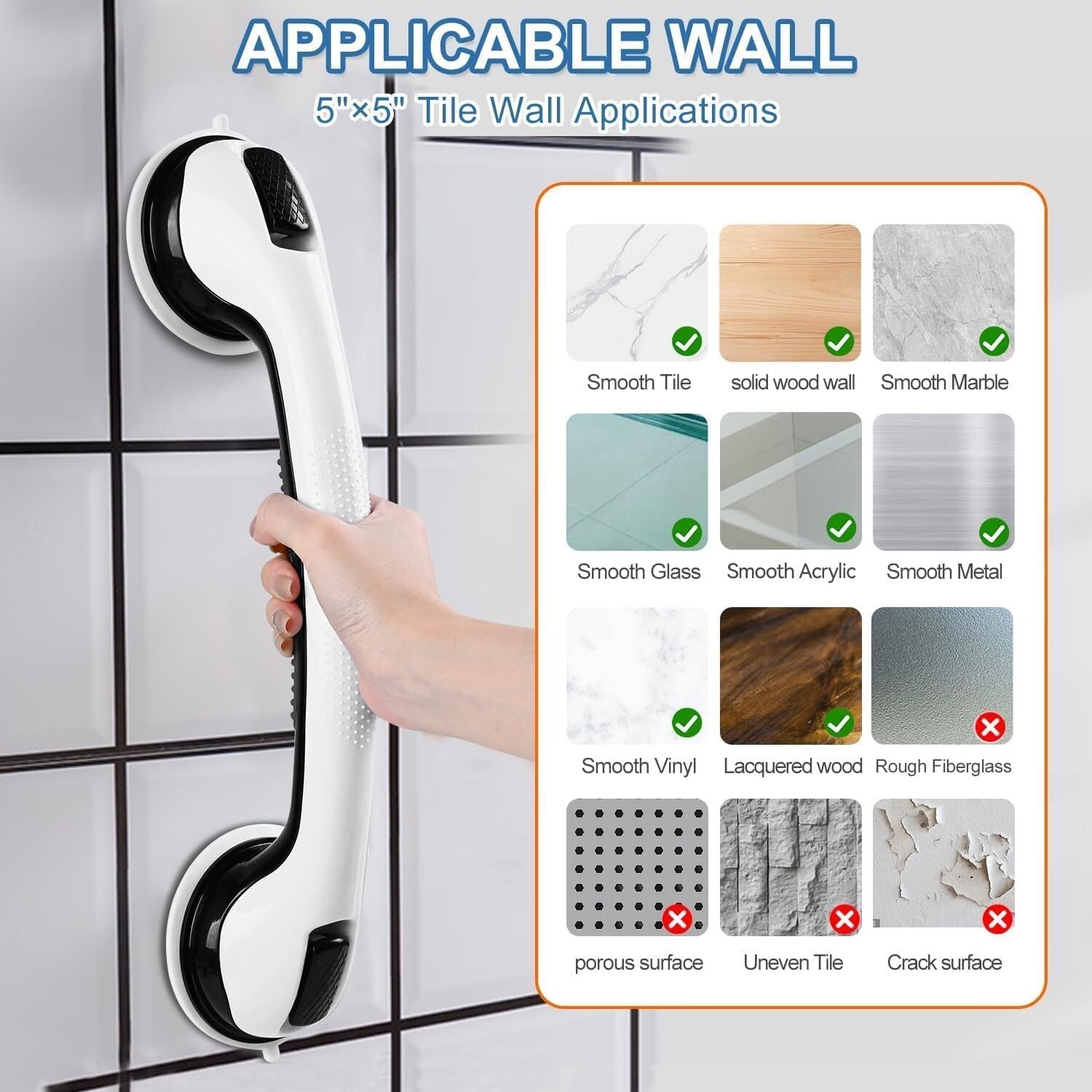 Compact Suction Grab Bars for Bath & Shower - 16" Safety Handles for Senior Care