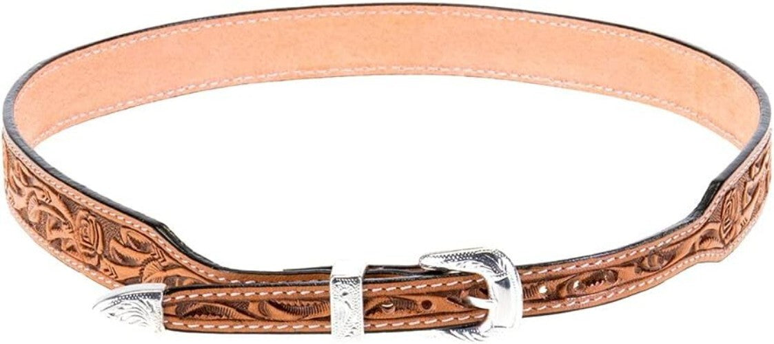 Elegant 100% Leather Cowboy Hat Band with Tooled Roses & Silver Concho