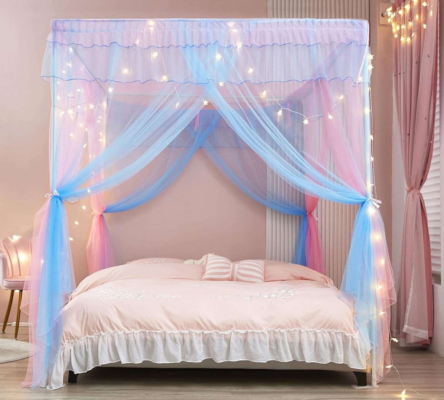 Enchanting Rainbow Canopy Bed Drapes for Girls with 2 Star Lights - Twin Size