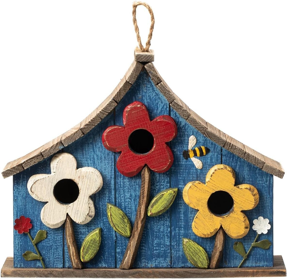 15" Oversized Hand-Painted Distressed Birdhouse with 3D Flowers - Rustic Villa