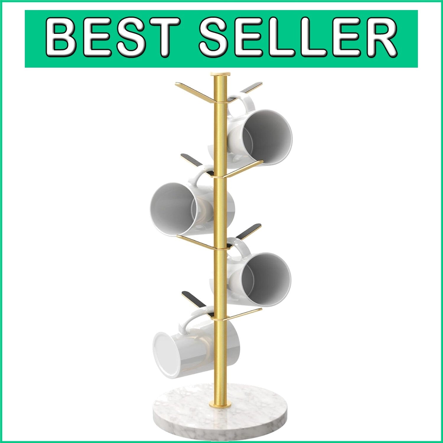 Elegant Gold Mug Holder Tree with Marble Base - 8 Hooks for Stylish Kitchens