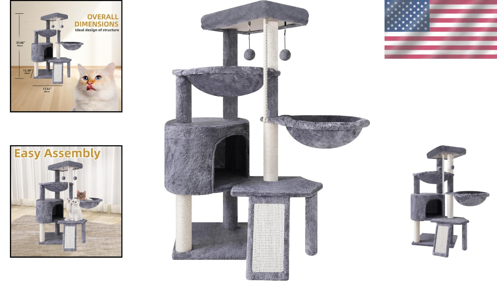 Stylish Grey Three-Level Cat Tree with Two Relaxing Hammocks & Condo Space