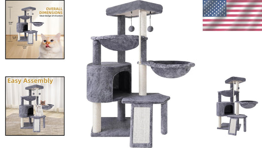 Stylish Grey Three-Level Cat Tree with Two Relaxing Hammocks & Condo Space