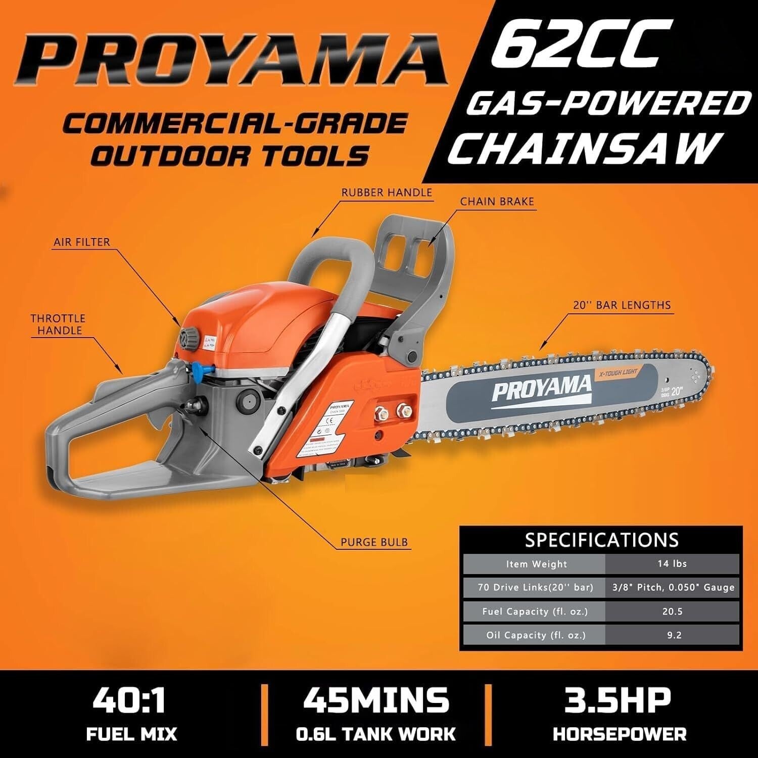 Durable 20 Inch 62CC Gas Chainsaw - Lightweight and Anti-Vibration Design