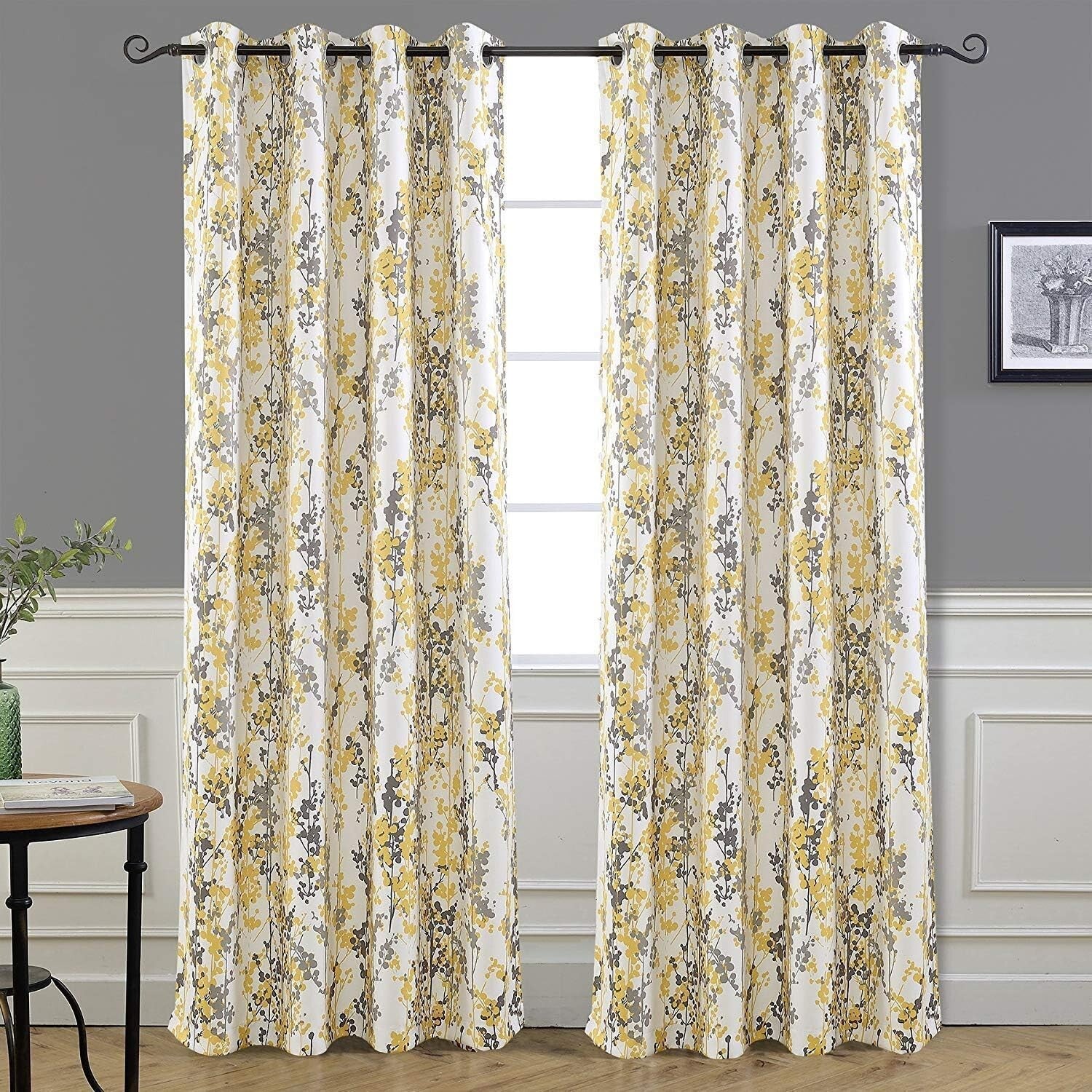 Elegant Abstract Floral Yellow Curtains - 84” Room Darkening Drapes (2 Panels)