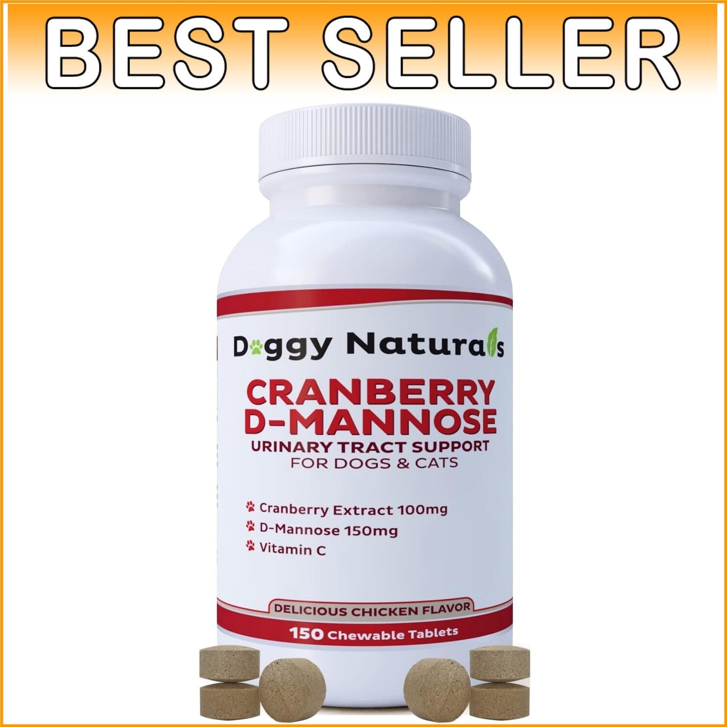 USA-Made Cranberry D-Mannose for Dogs & Cats - 150 Tablets for Urinary Wellness