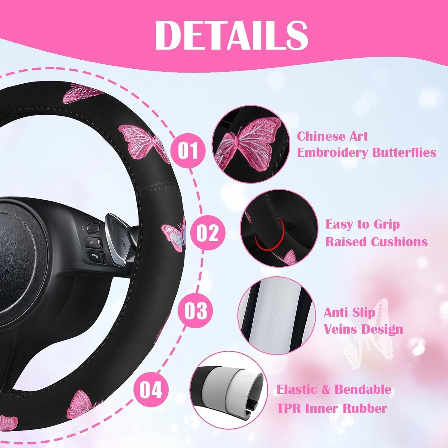 Elegant Pink Car Mats & Exercising Steering Wheel Cover with Butterfly Design