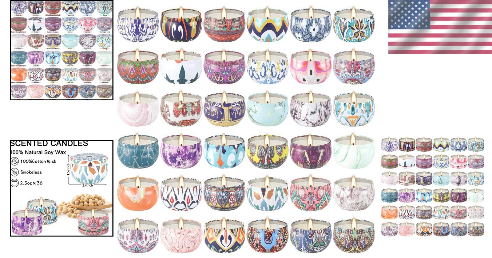 Elegant 36-Pack Scented Candle Set in Decorative Tins - Long-Lasting Ambiance