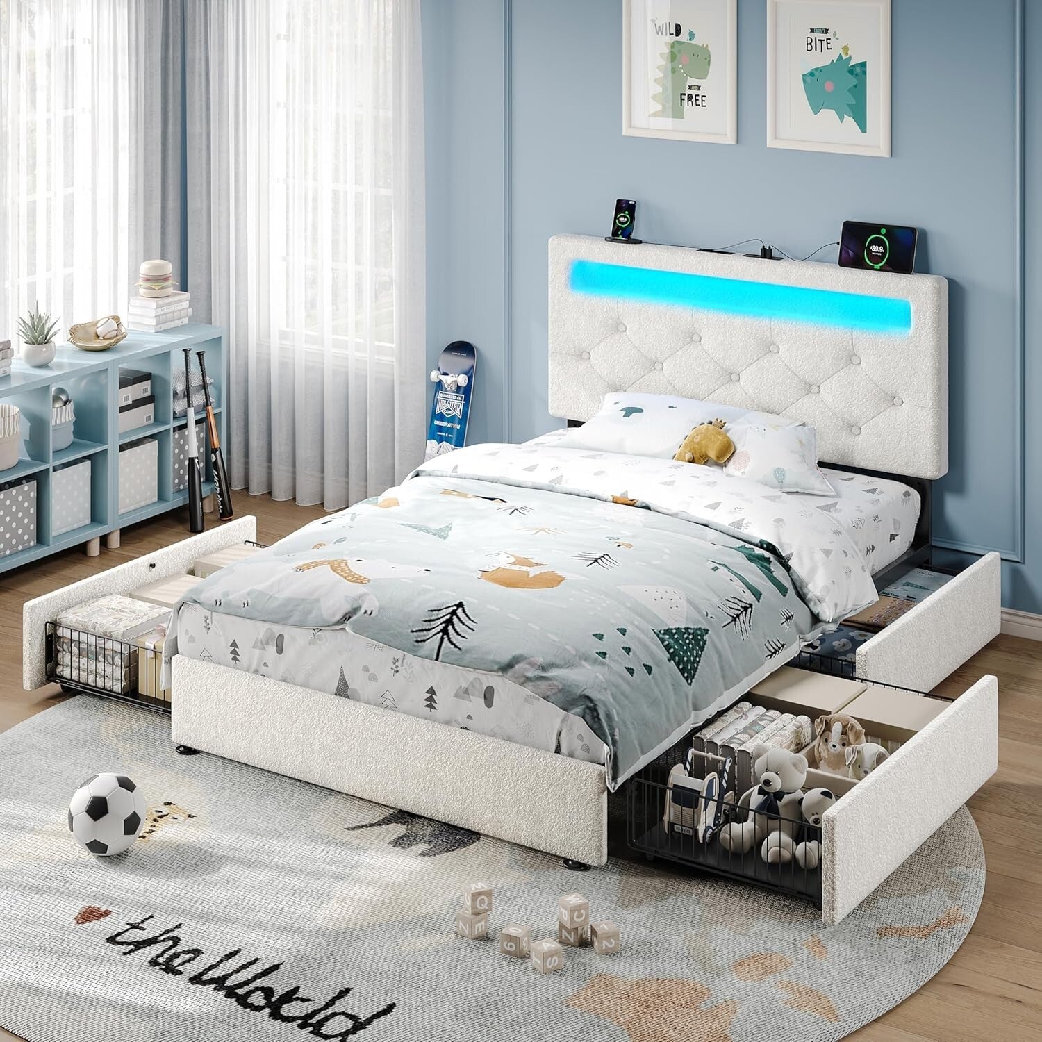 Adjustable Twin Bed Frame with RGB LED Lights & 4 Storage Drawers in White