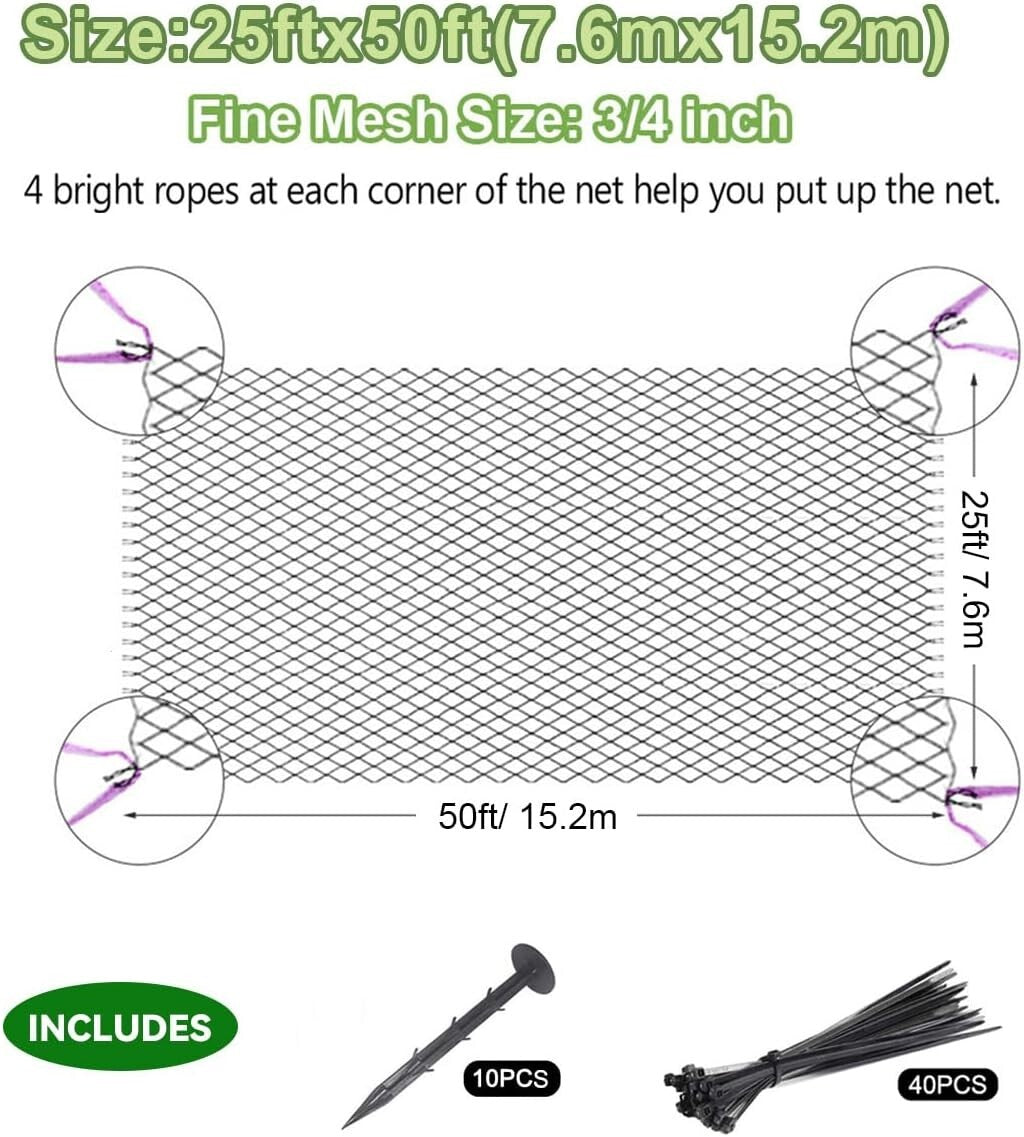 Durable 25' x 50' Bird Netting for Vegetables and Fruits - Easy Setup Included