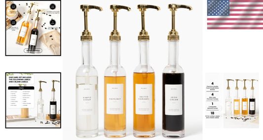 Stylish 350ml Pump Dispenser Set - Gold Syrup Bottles with Custom Labels