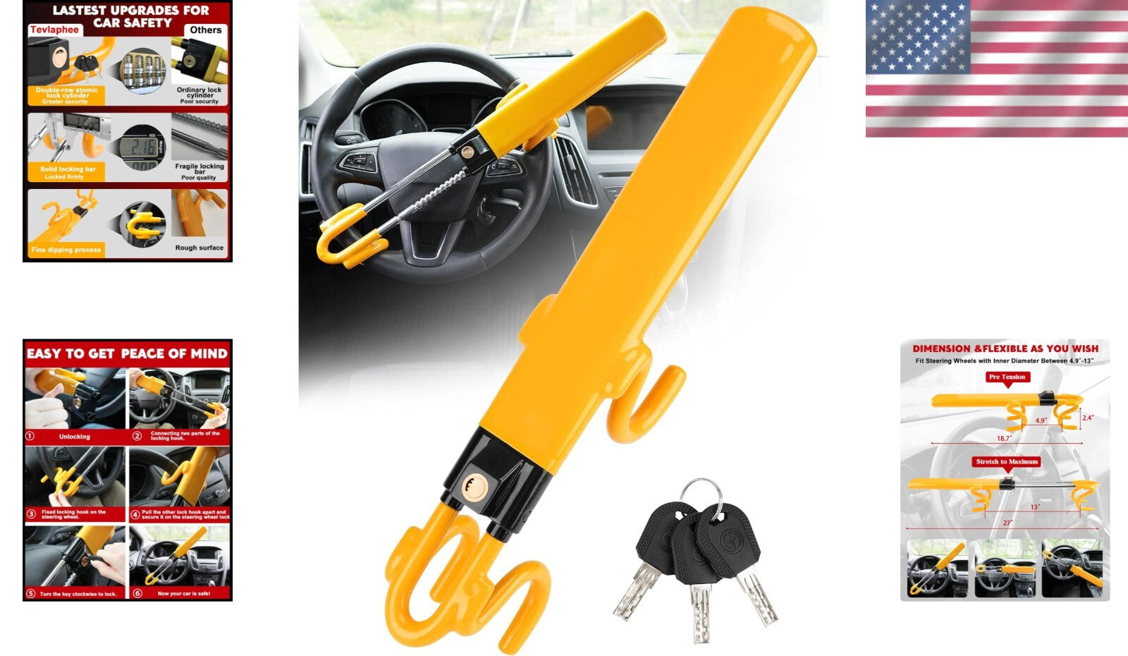 Adjustable Antitheft Steering Wheel Lock with 3 Keys - Bright Deterrent for Cars