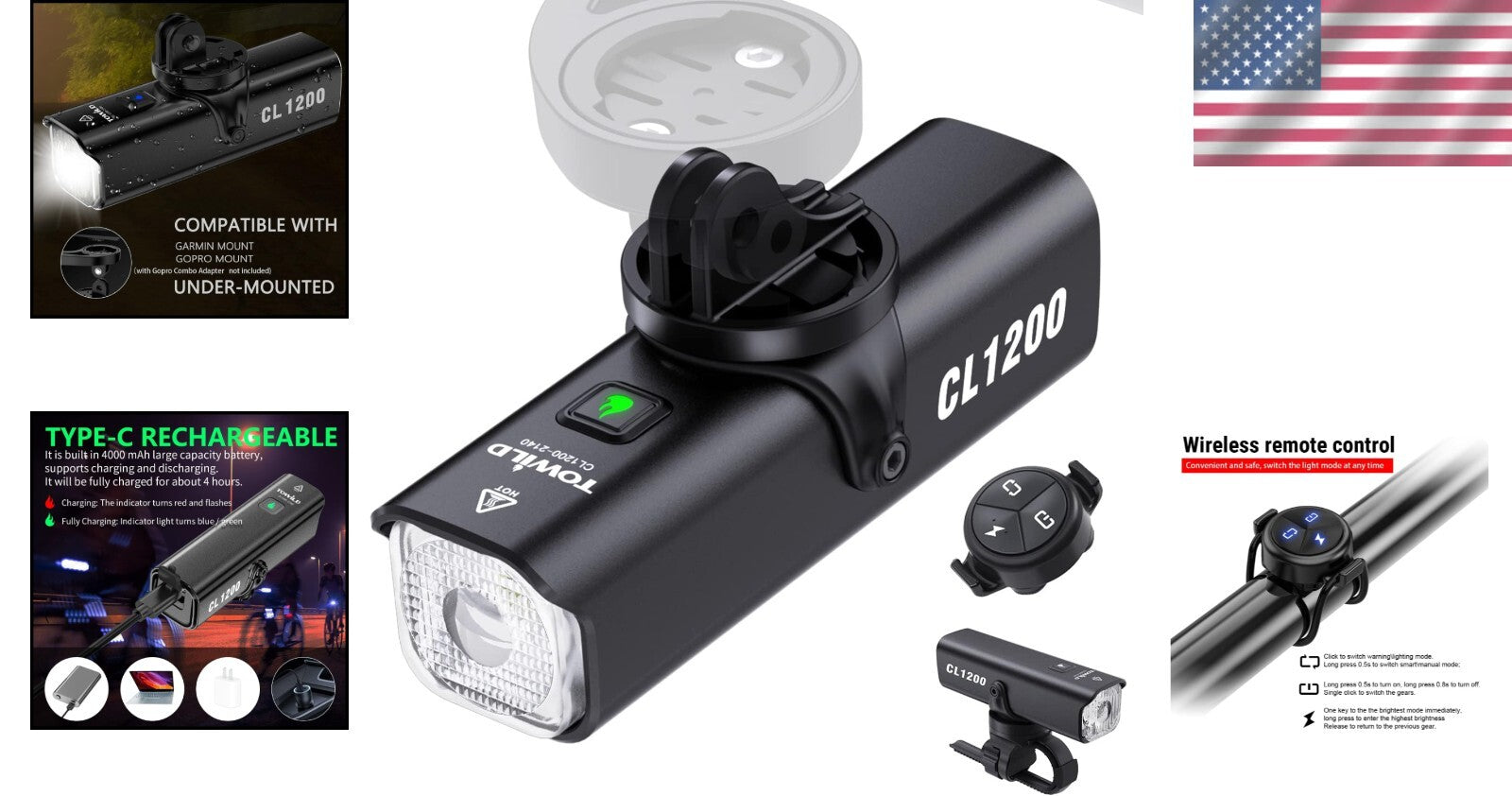 1200 Lumen Waterproof Bike Headlight with Rechargeable Battery & Garmin Mount