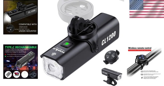 1200 Lumen Waterproof Bike Headlight with Rechargeable Battery & Garmin Mount