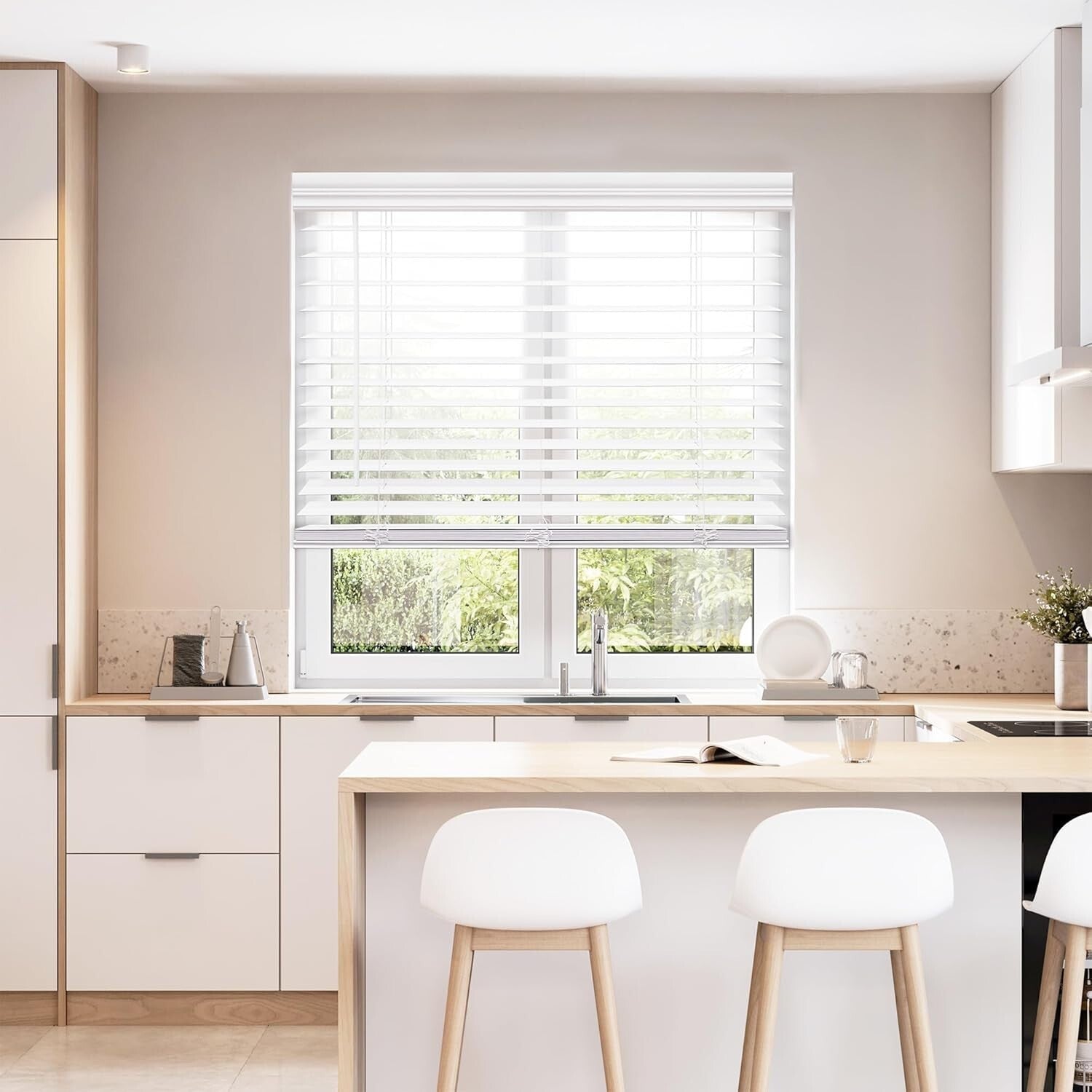 Cordless 2-Inch Faux Wood Blinds in White: 48" W x 60" H - Stylish Functionality