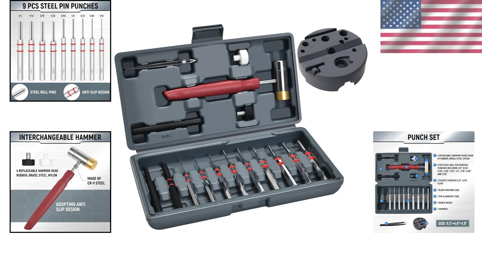 Versatile Steel Pin Punch Set with Hammer & Bench Block – Repair Tool Essentials