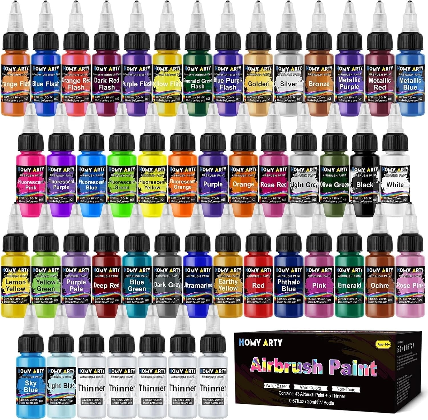 User-Friendly Airbrush Paints - 43 Colors, 5 Thinners & Great for All Surfaces