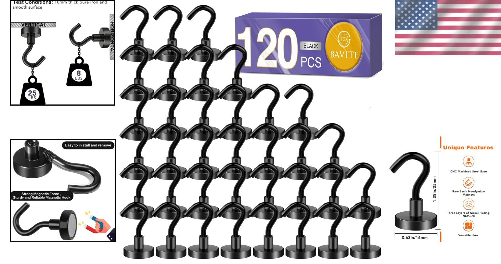 Easy Assemble Magnetic Hooks - 25LB Capacity, Maximize Space with 120 Pieces