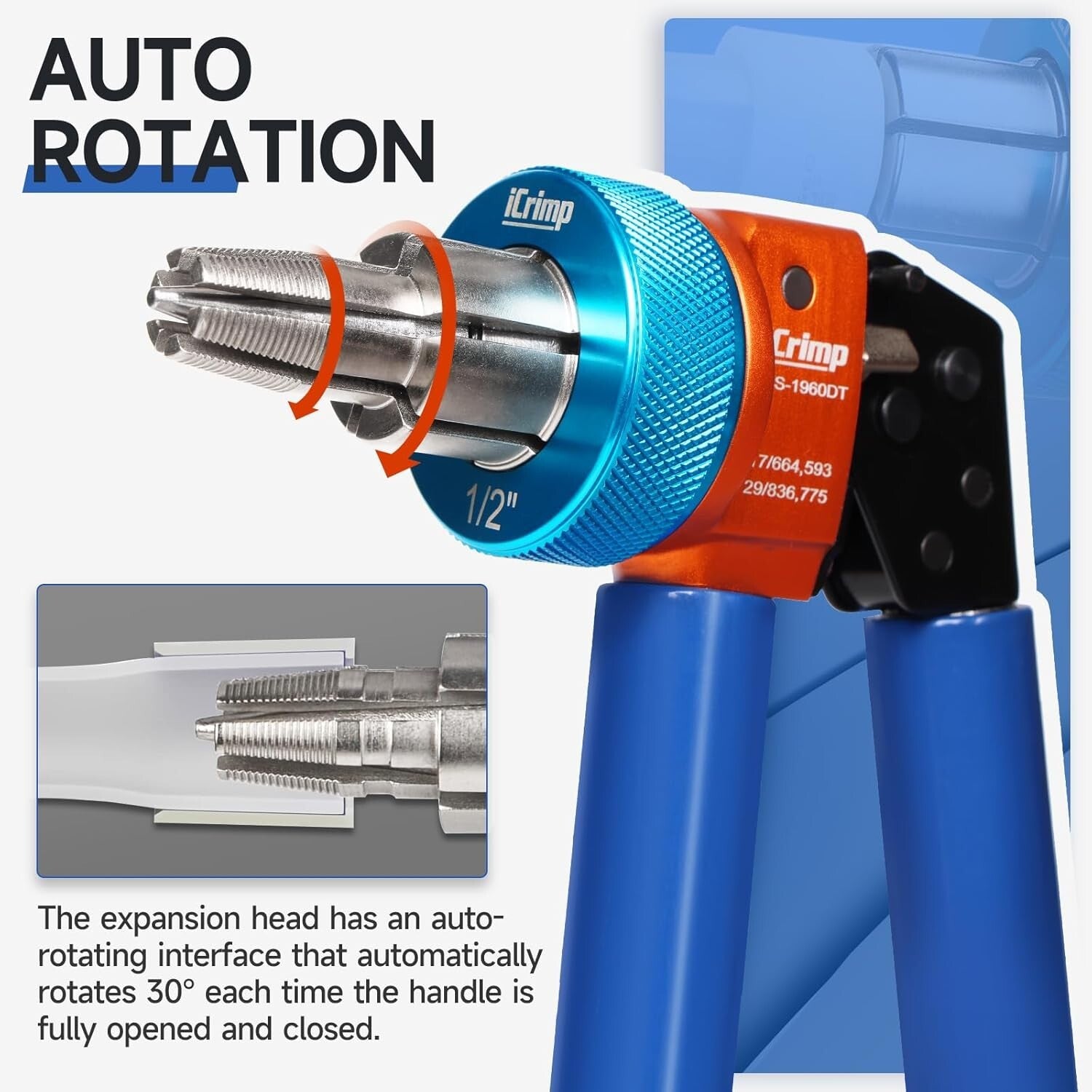 Manual PEX Expanding Tool Kit with Auto-Rotation for 1/2, 3/4 & 1 Inch Fittings