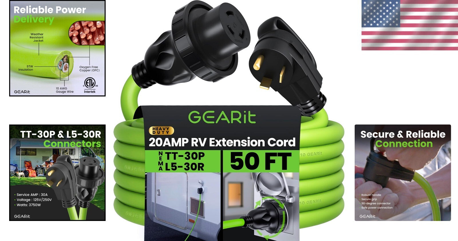 Bright Green 50ft 20 Amp Heavy-Duty RV Extension Cord with Twist Lock Adapter