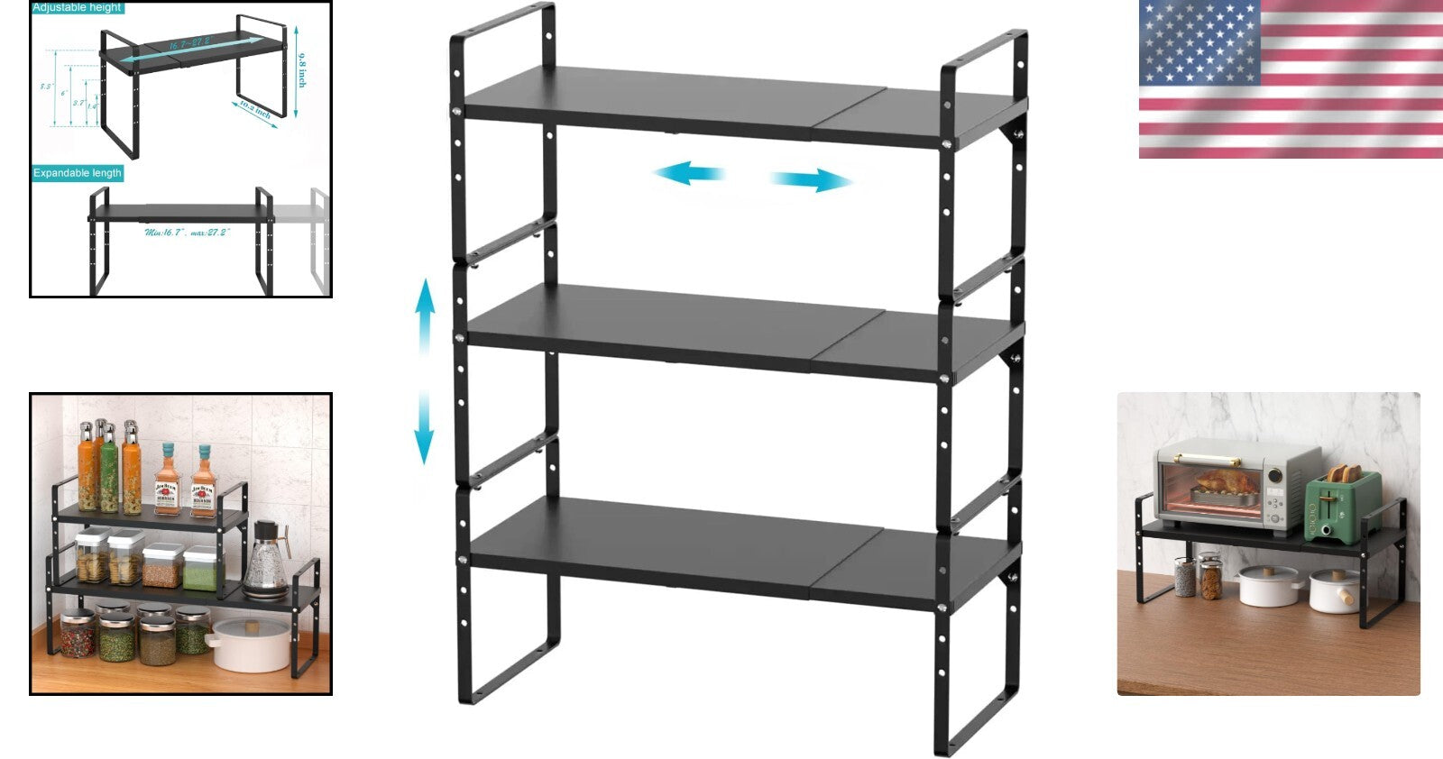 Expandable 3-Pack Stainless Steel Shelf Riser for Kitchen & Garage Organization
