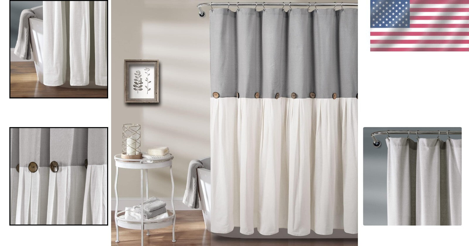Farmhouse Style Shower Curtain with Coconut Buttons, 72"W x 78"L - Rustic Appeal