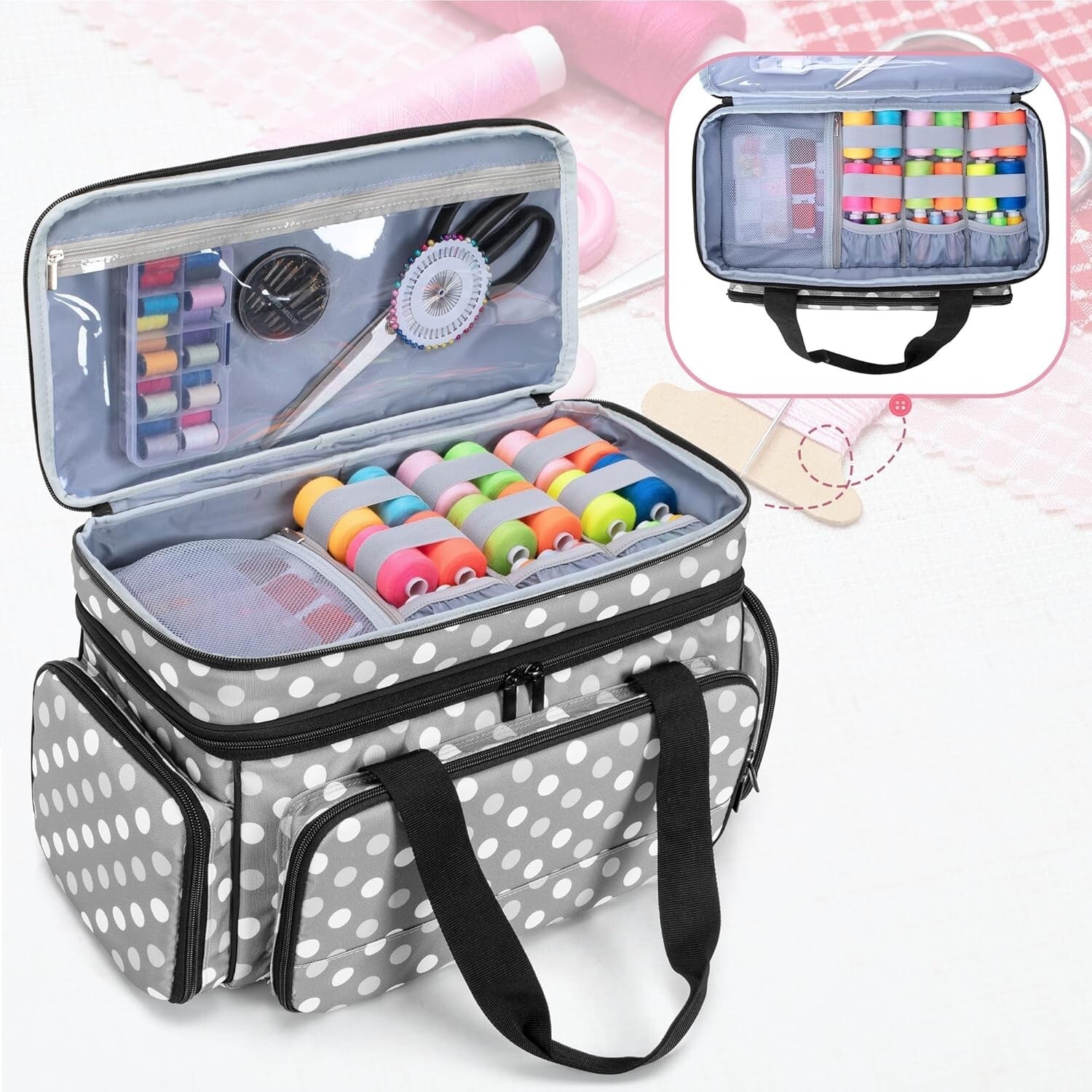 Durable Heavy-Duty Sewing Supplies Organizer Bag with Clear Pocket and Dividers