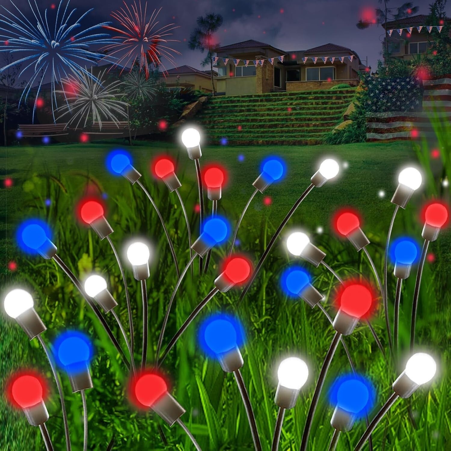 36 LED Solar Powered Red White Blue Lights with 2 Modes - Independence Day Decor