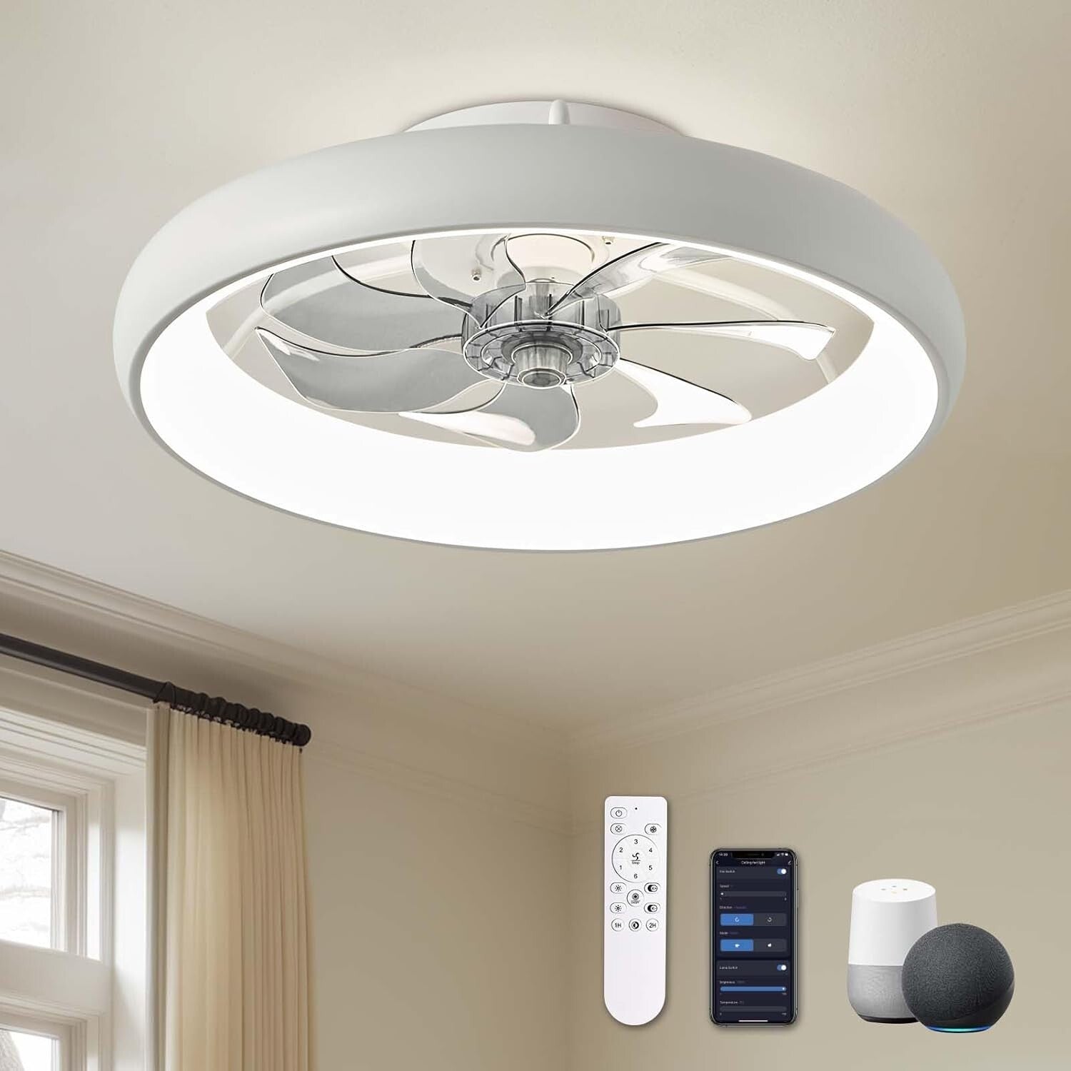 20" Modern Flush Mount Ceiling Fan with LED Lights - Voice Control & 6 Speeds