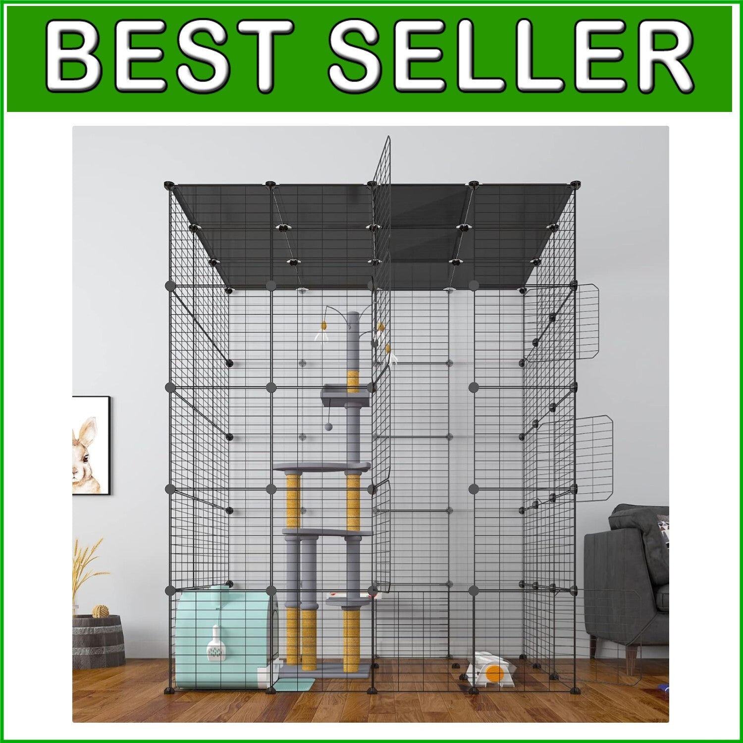 Modern Black Metal Cat Cage with Scratching Posts - Ideal for Indoor Leisure